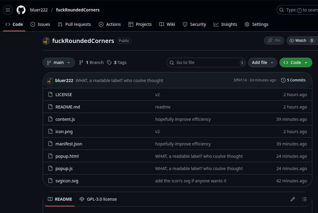 Screenshot the Fuck Rounded Corners GitHub repo with very rounded corners